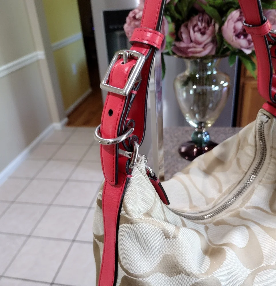 Coach Legacy Signature Courtney Hobo Bag Khaki and Coral Style #22392